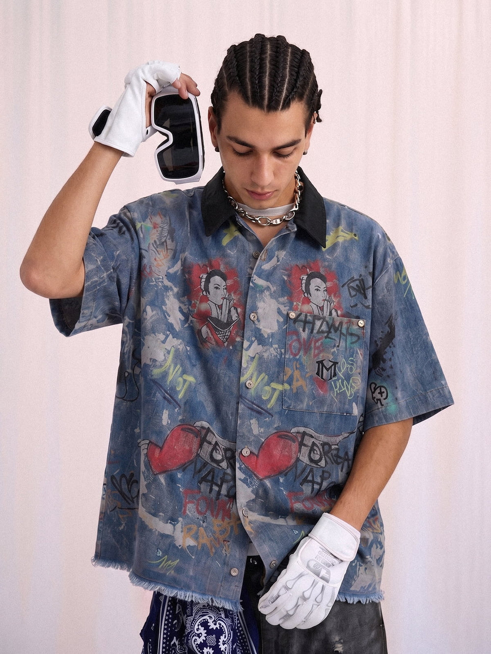 Tie-Dye Denim Graffiti Polo T-Shirt 