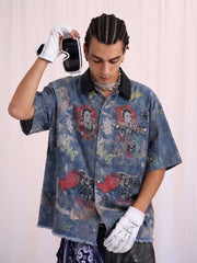 Tie-Dye Denim Graffiti Polo T-Shirt 