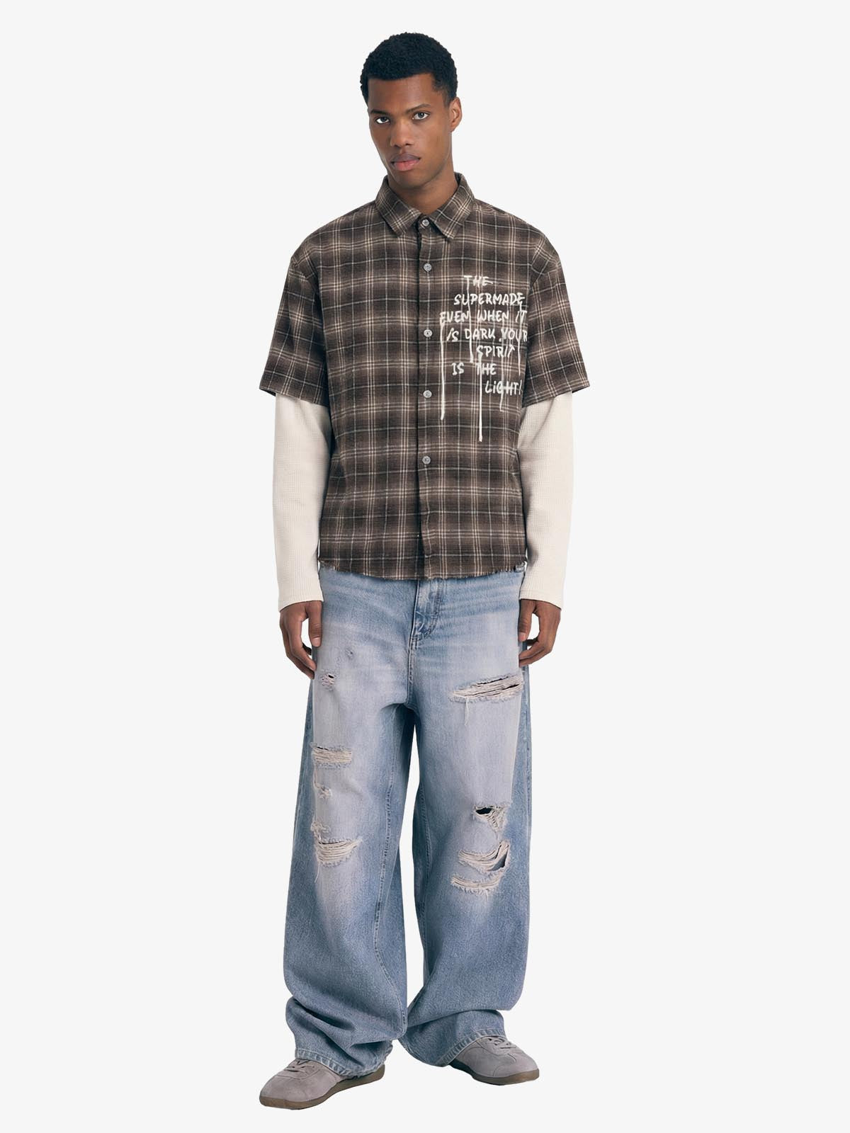 Cotton Street Distressed Plaid Faux Two-Piece Shirt 
