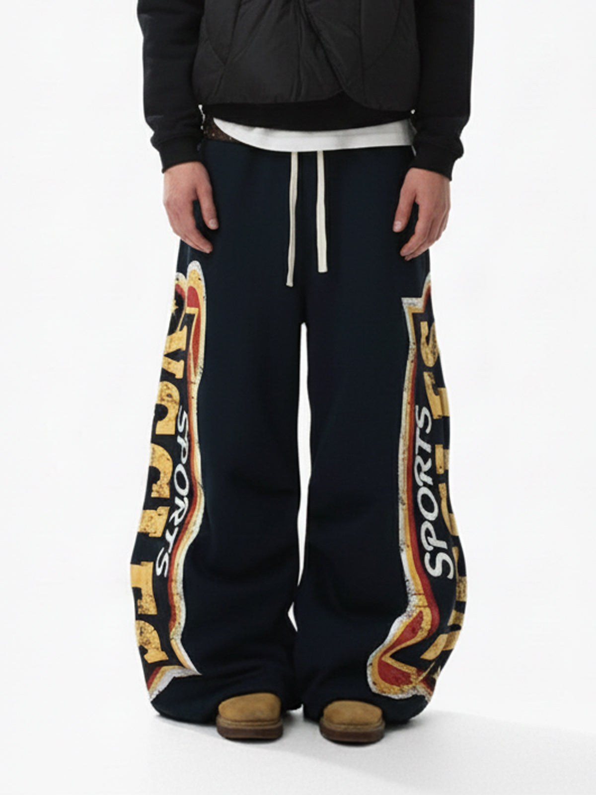 Street Letter Print Fleece-Lined Wide-Leg Sweatpants 