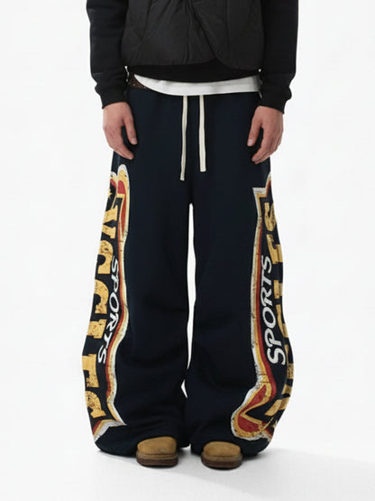 Street Letter Print Fleece-Lined Wide-Leg Sweatpants 