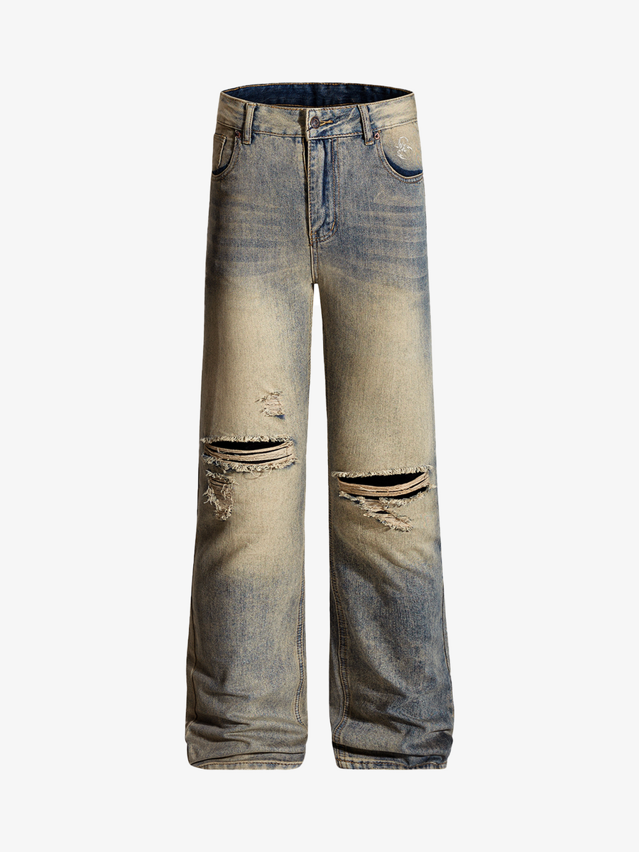 Vintage Distressed Ripped Wide Leg Jeans