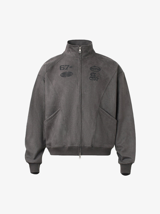 Suede Embroidered Zippered Short Jacket 
