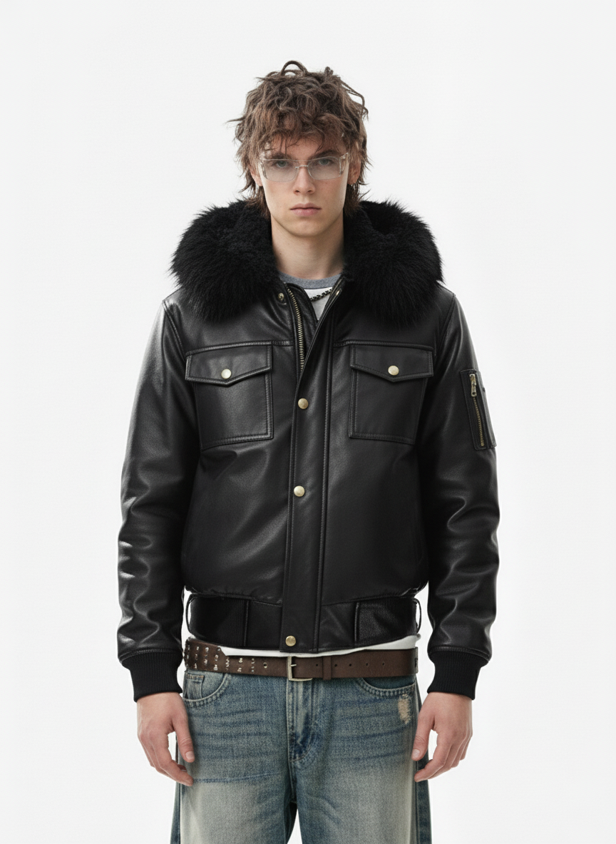 Retro Detachable Fur Collar PU Multi-Pocket Bomber Jacket 