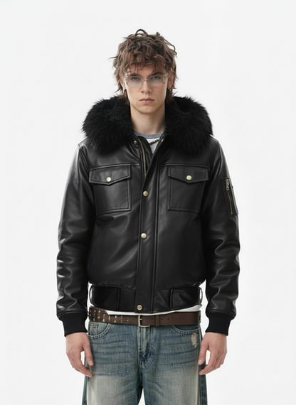 Retro Detachable Fur Collar PU Multi-Pocket Bomber Jacket 
