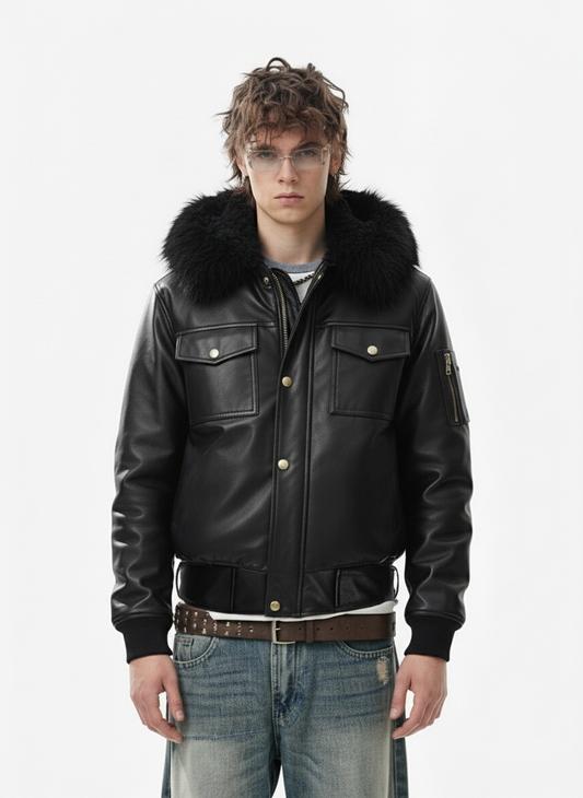 Retro Detachable Fur Collar PU Multi-Pocket Bomber Jacket 