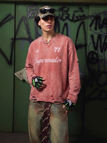 Embroidered Ripped Distressed Long Sleeve Tee