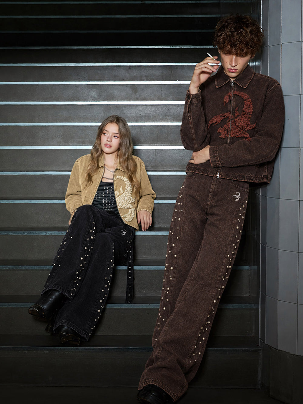 Scorpion Embroidered Pearl-Studded Distressed Straight-Leg Jeans