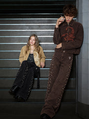 Scorpion Embroidered Pearl-Studded Distressed Straight-Leg Jeans