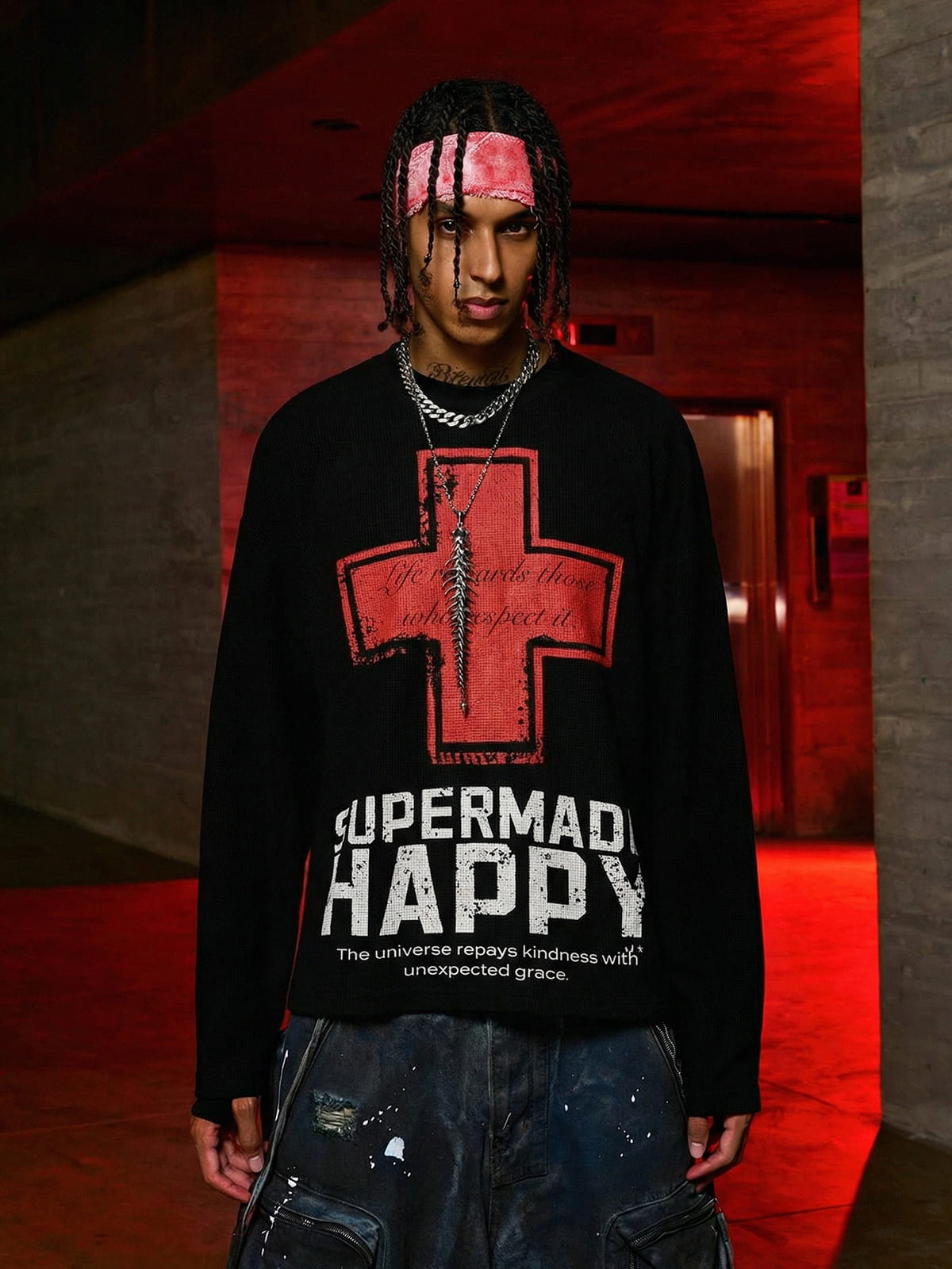 Street Cross Lettering Print Long-Sleeved T-Shirt - 2608 