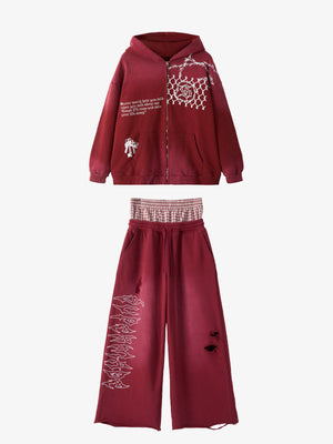 Supermade Vintage Distressed Print Patchwork Sweatshirt Set 