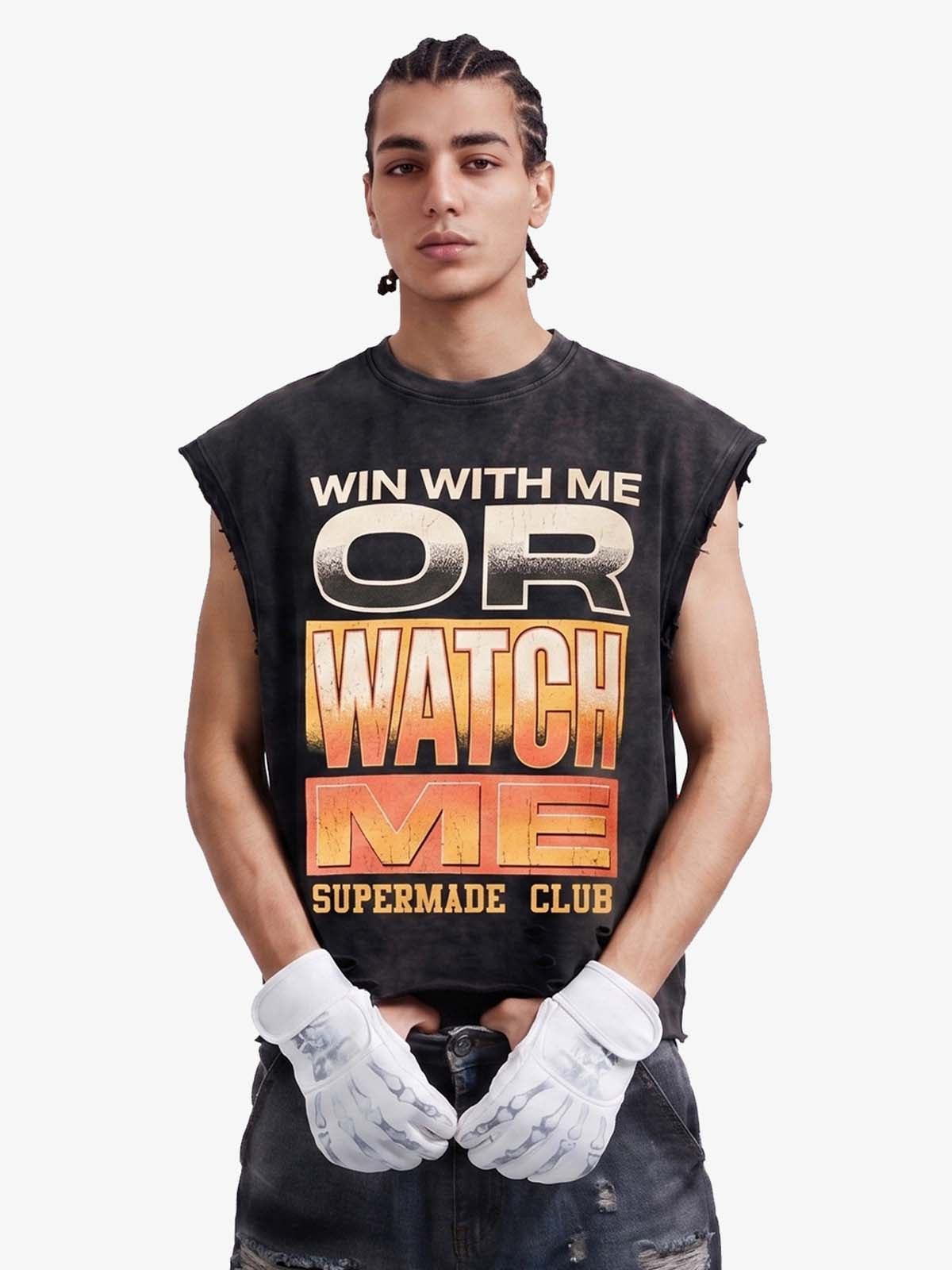 Distressed Slogan Graphic Sleeveless T-Shirt 