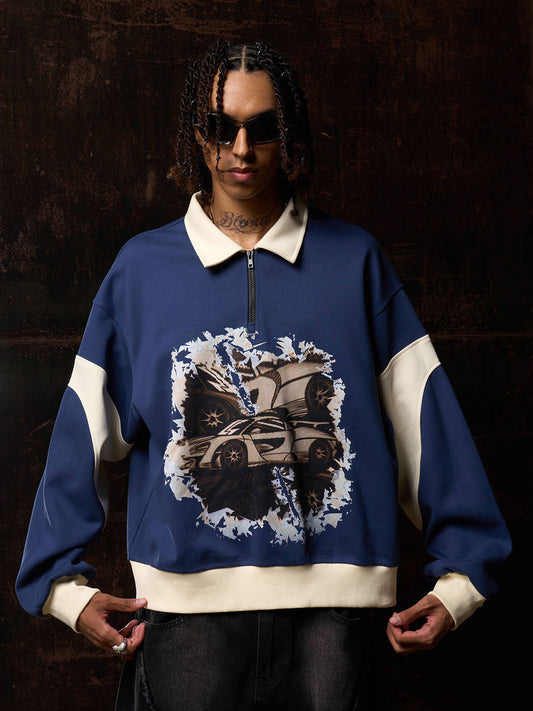 Original Racing Style Print Lapel Sweatshirt 