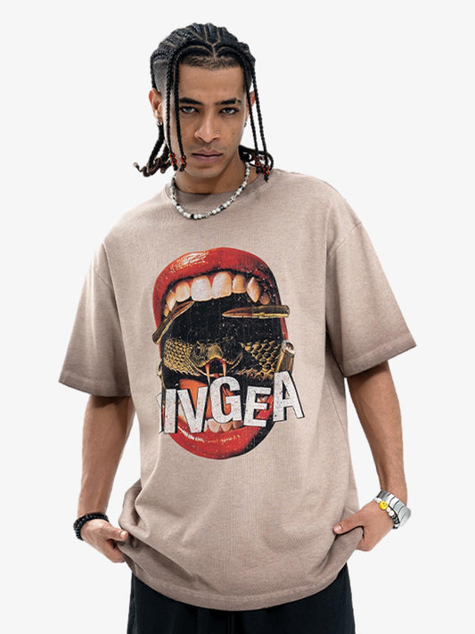 Retro Distressed Snake Scorpion Lips Print T-shirt 