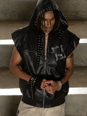 Thorn Destruction Frame Pattern Leather Vest 