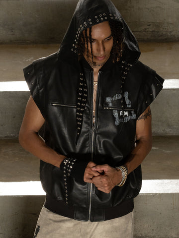 Thorn Destruction Frame Pattern Leather Vest 