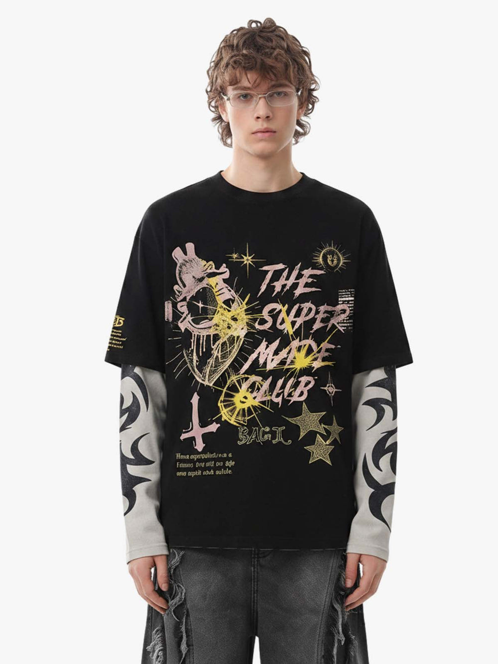 Hip-Hop Punk Faux Two-Piece Long-Sleeved T-Shirt - 2457 
