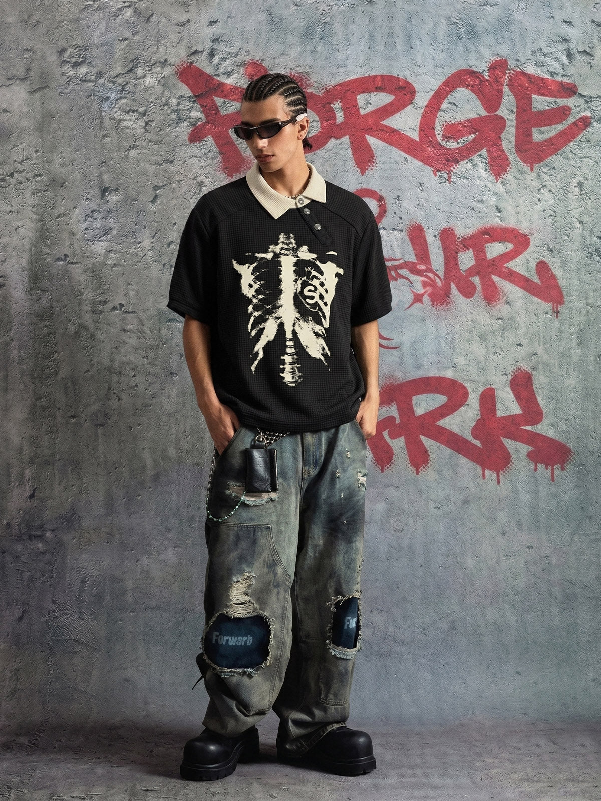 Skeleton Ribcage Graphic Print Asymmetric Button Polo Shirt 