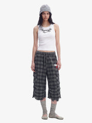 Plaid Linen-Blend Distressed Cargo Cropped Pants 