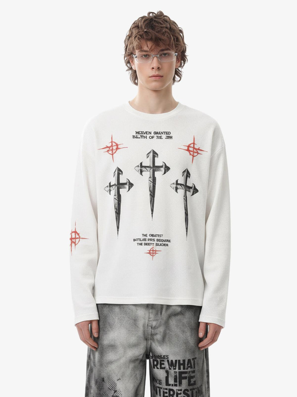 Letter Print Waffle Cross Long-Sleeved T-Shirt 