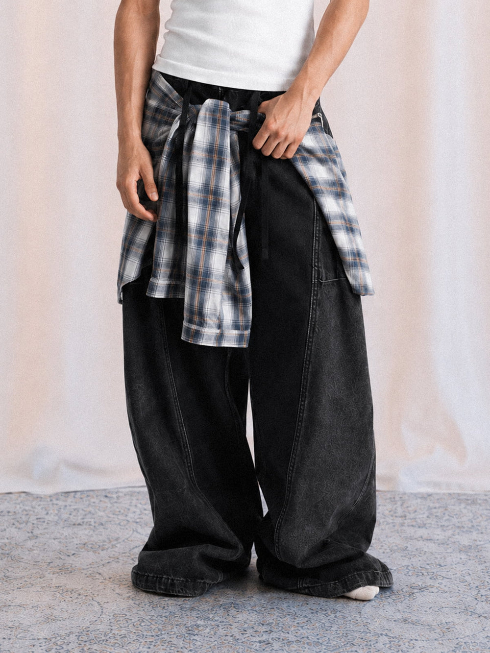 Denim Faux Two-piece Plaid Detachable Scimitar Jeans - 2435 