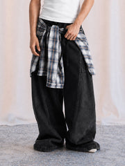 Denim Faux Two-piece Plaid Detachable Scimitar Jeans - 2435 