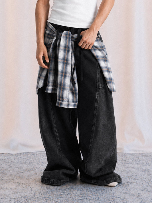Pantalones vaqueros de dos piezas de imitación de mezclilla a cuadros con abertura desmontable estilo cimitarra - 2435