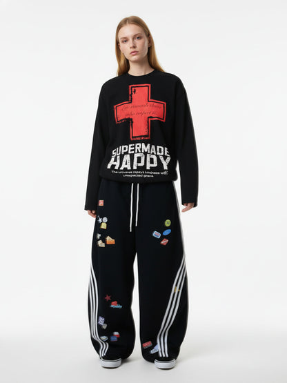 Street Cross Lettering Print Long-Sleeved T-Shirt 