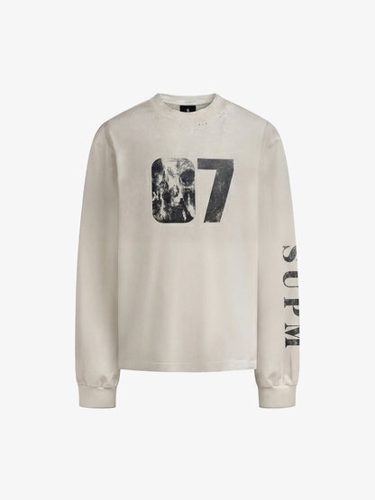 Distressed 07 Graphic Print Washed Long Sleeve T-Shirt 