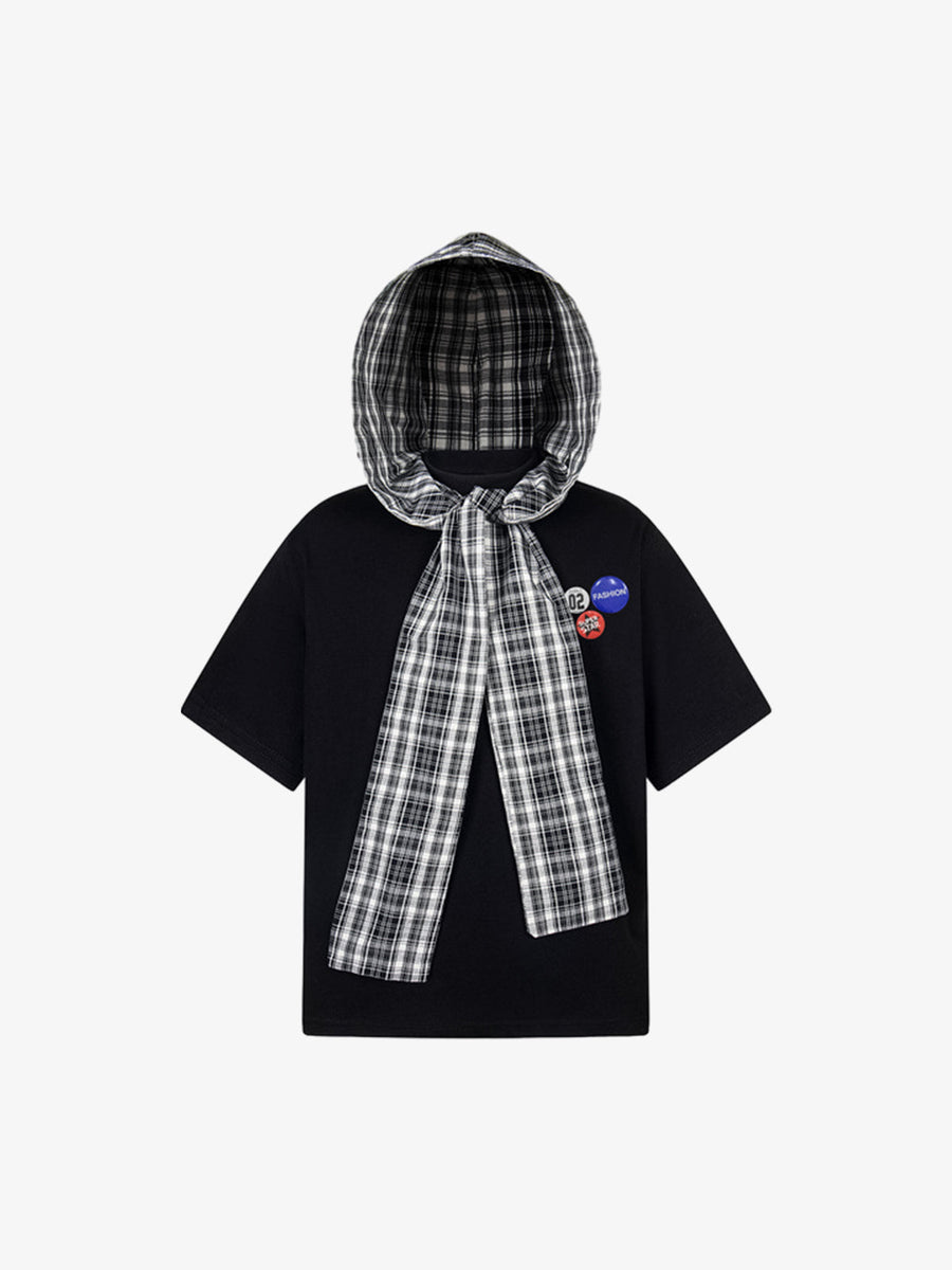 Jersey Knit Detachable Badge Hooded Plaid Cape T-Shirt 