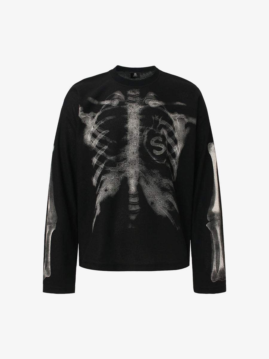 Thesupermade Skeleton Graphic Waffle Sweatshirt in black, x-ray ribcage print running down both sleeves