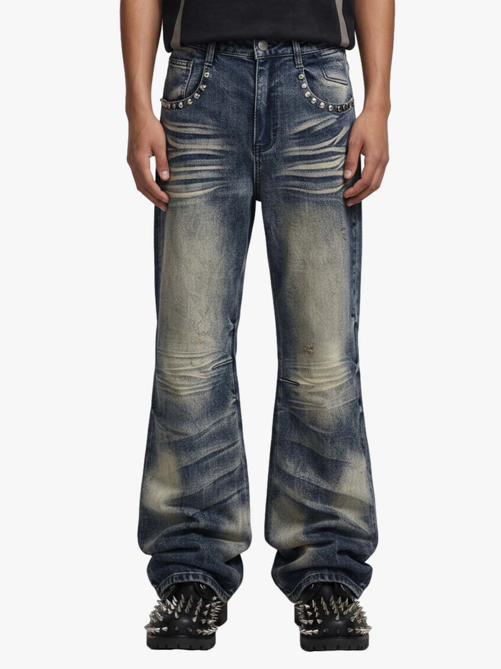 Vintage Washed Studded Pocket Flared Jeans - 2617 