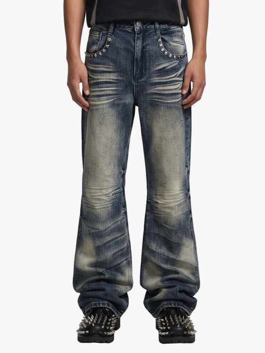 Vintage Washed Studded Pocket Flared Jeans - 2617 