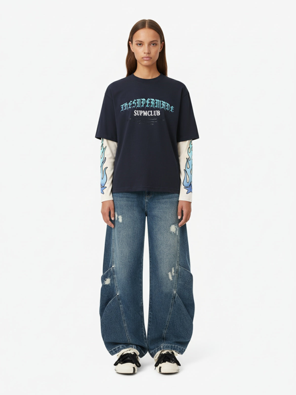 Gradient Letter Print Patchwork Faux Two-Piece Long-Sleeved T-Shirt 