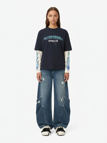 Gradient Letter Print Patchwork Faux Two-Piece Long-Sleeved T-Shirt 