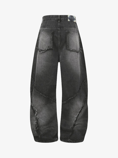 Washed Distressed Raw Edge Barrel Jeans - 2402 
