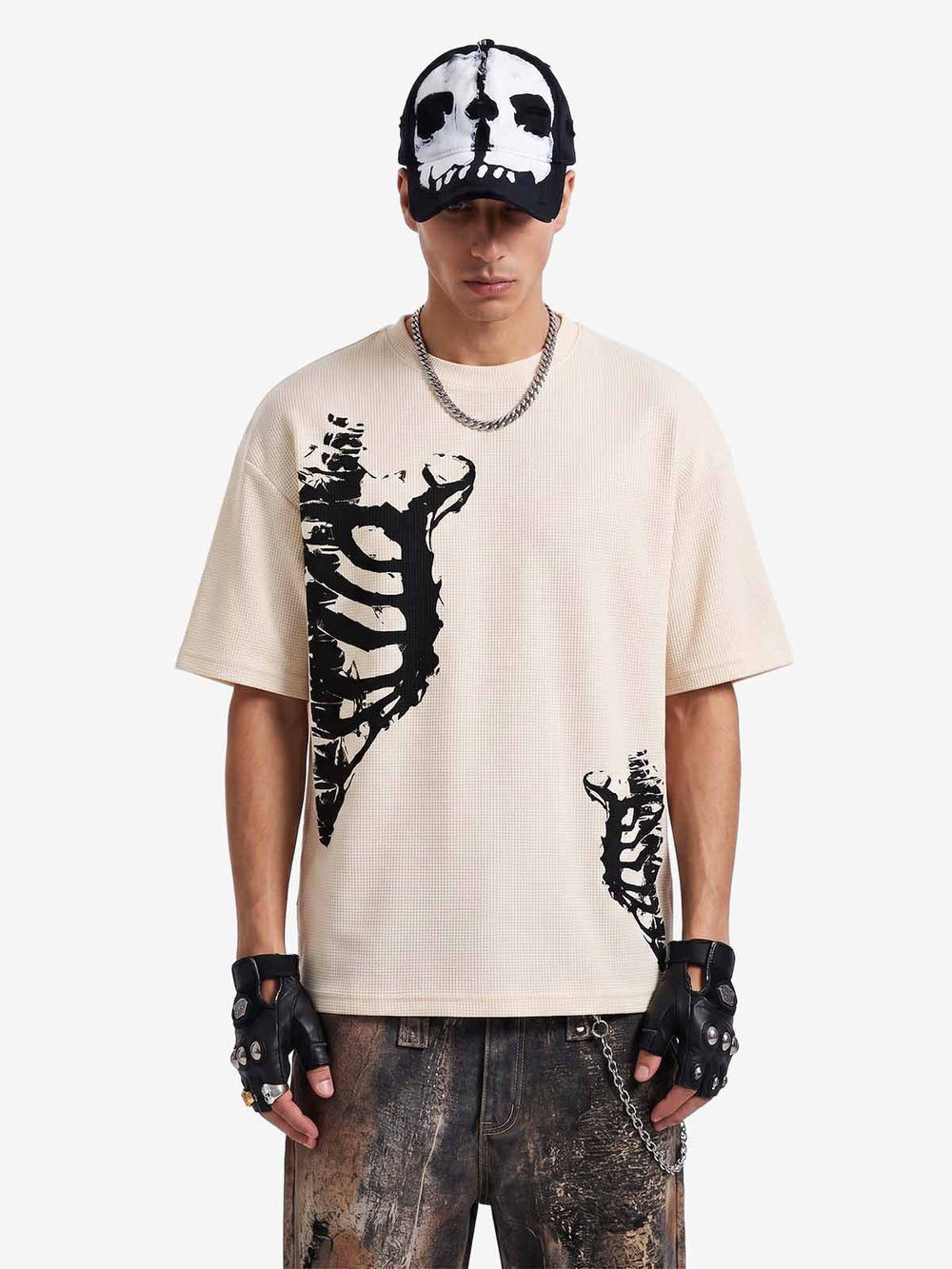 Asymmetric Skeleton Graphic Waffle T-Shirt 