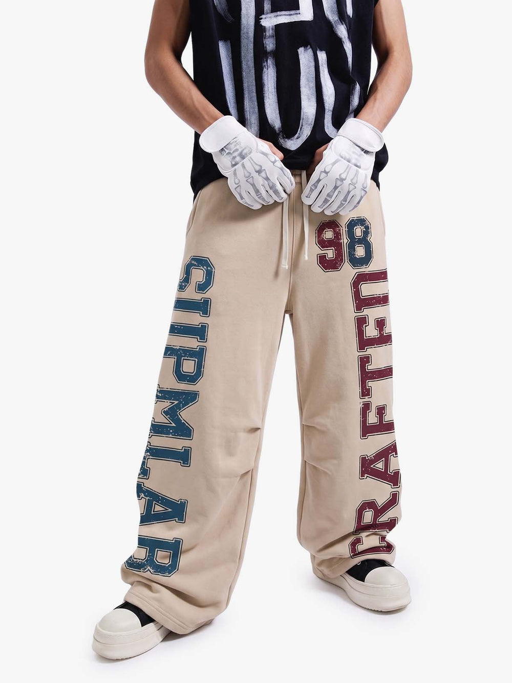 Retro Color-Block Letter Print Baggy Pants 