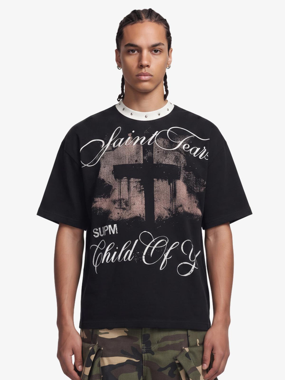 Gothic Cross Print Studded Collar Waffle Knit Graphic T-Shirt 