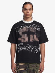 Gothic Cross Print Studded Collar Waffle Knit Graphic T-Shirt 