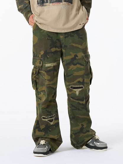 Ripped Camouflage Flared Cargo Pants - 2410 