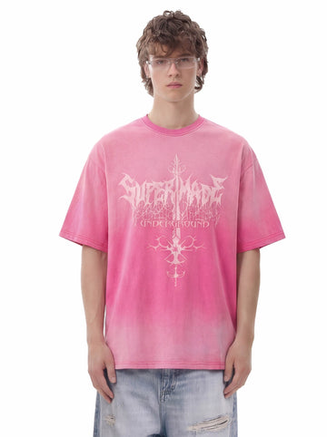 Acid Wash Gothic Cross Spine Graphic Distressed T-Shirt - 2604 