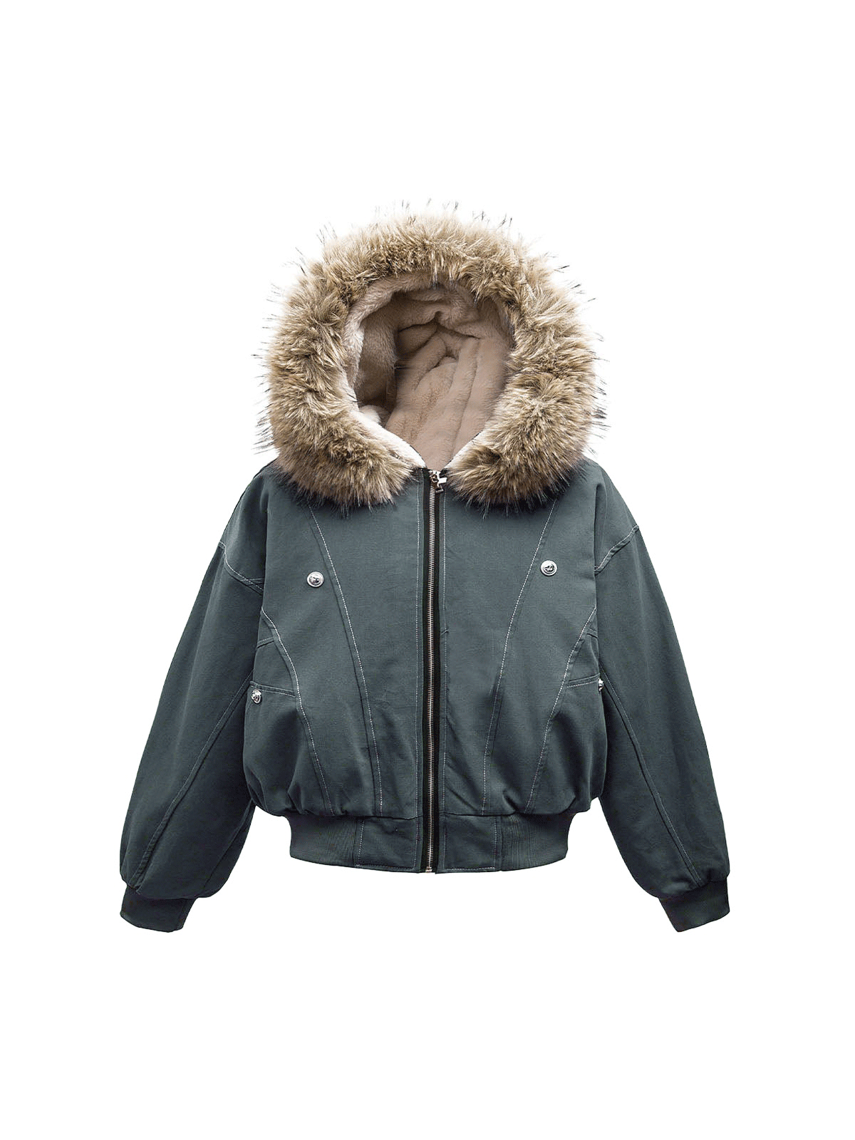 Fur Lined Zip Up Hooded Bomber Jacket