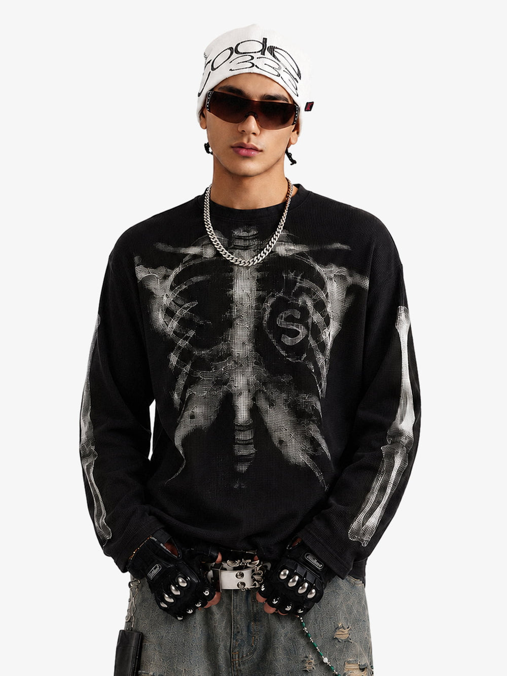 Skeleton Graphic Waffle Sweatshirt - 2495 