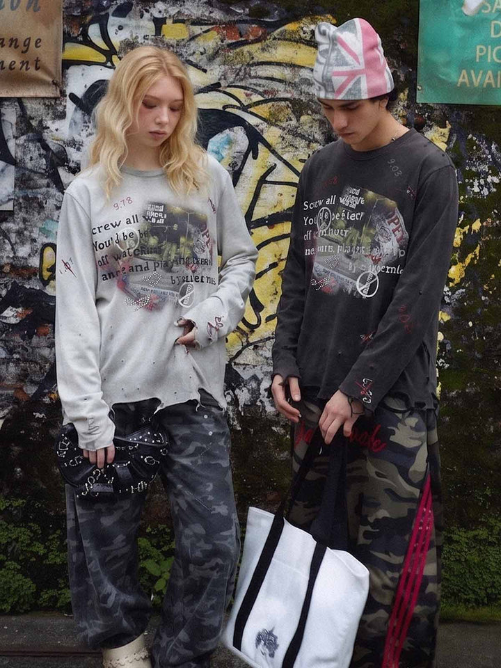 Rhinestone Graphic Dyed Long Sleeve Tee
