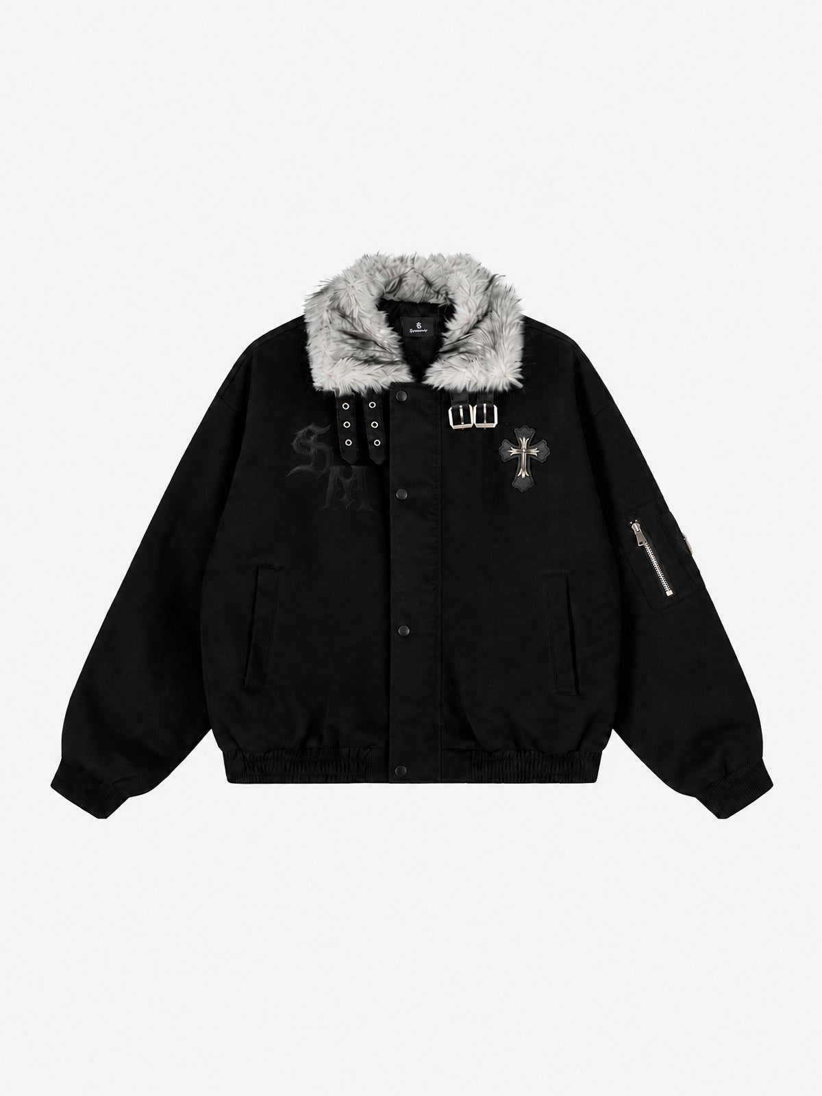 Chaqueta bomber extragrande desgastada con cuello de piel sintética bordado