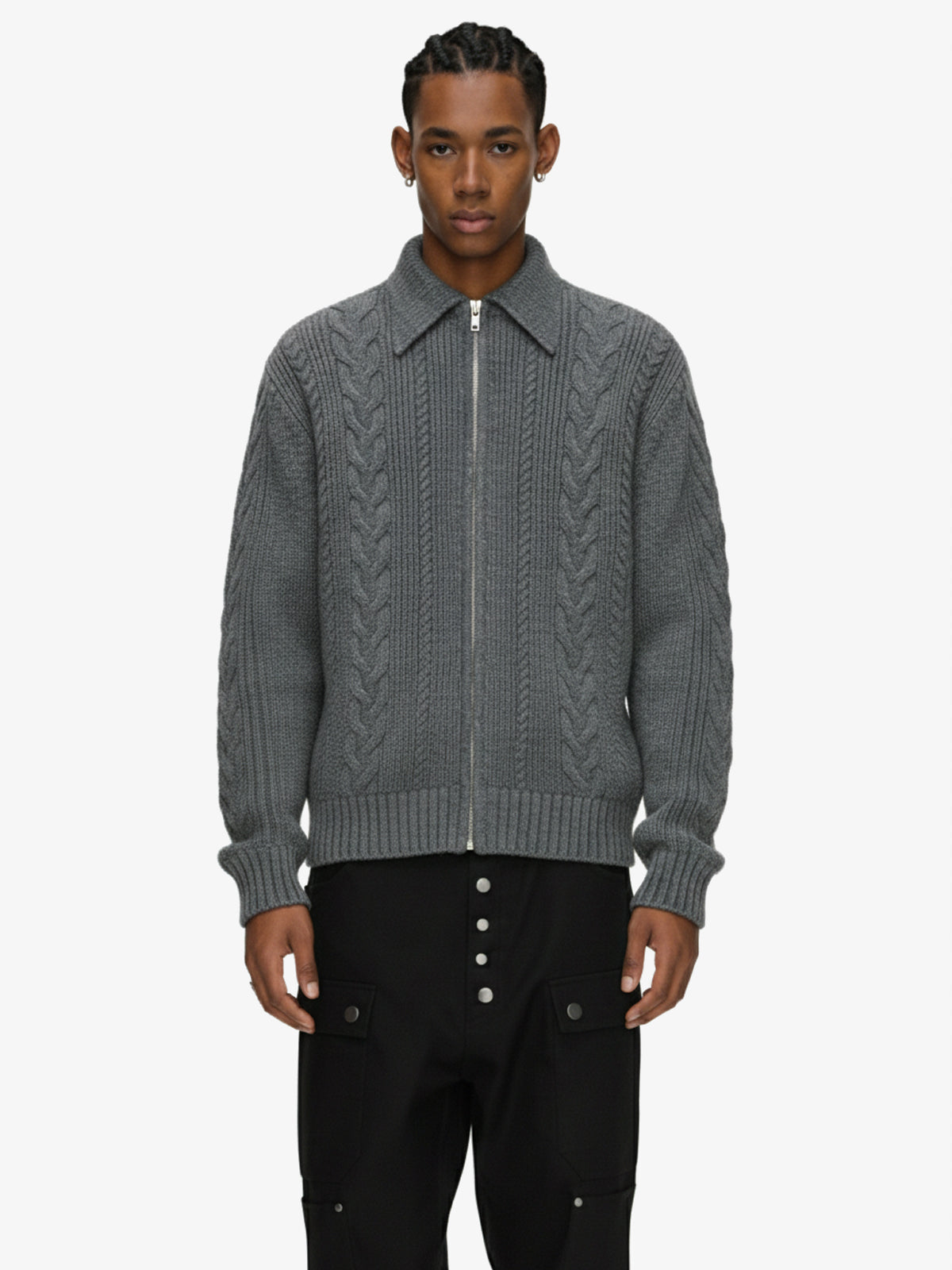 Knitted Vintage Floral Wheat Ear Pattern Double Zip Sweater