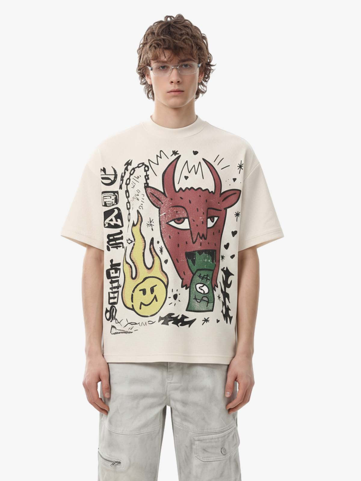 Waffle Knit Graffiti Devil Graphic Oversized T-Shirt 