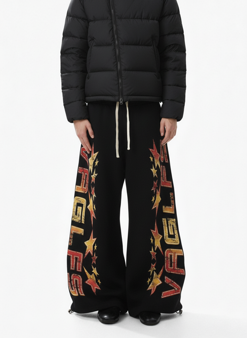 Retro Contrast Letter Star Print Fleece-Lined Sweatpants 