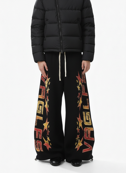 Retro Contrast Letter Star Print Fleece-Lined Sweatpants 